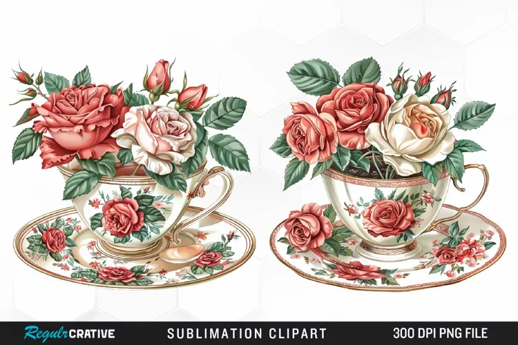 Floral Vintage Tea Cup Design Clipart