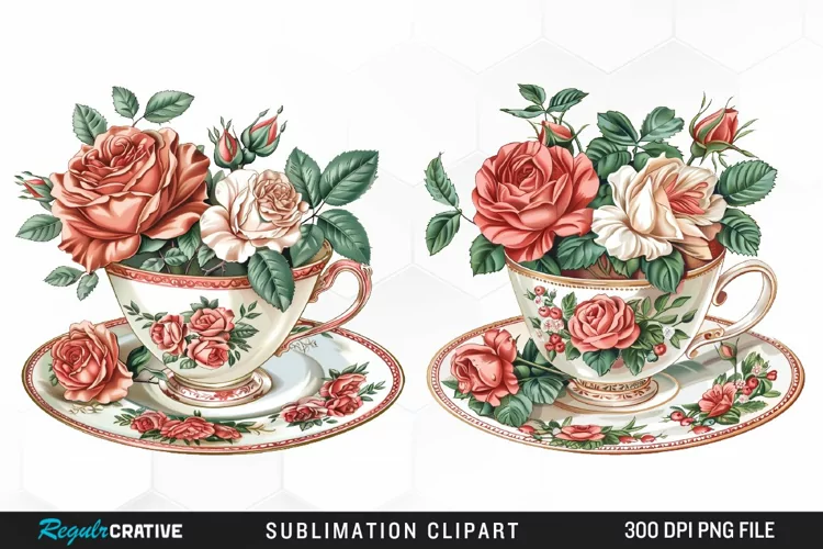 Floral Vintage Tea Cup Design Clipart