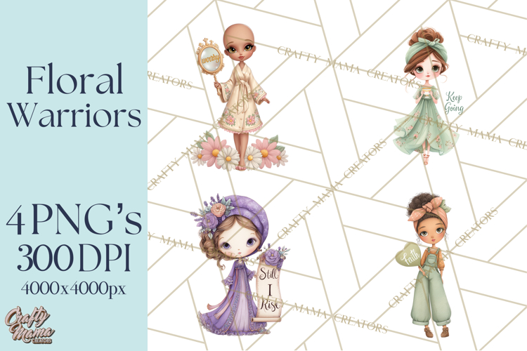 Cancer Survivor Clipart PNG, Bald Woman & Floral Portraits