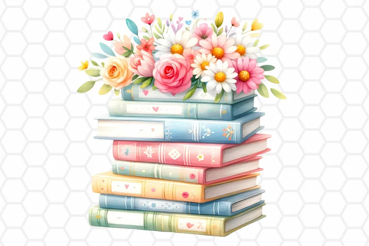 Floral Watercolor Books Clipart, Sublimation PNG