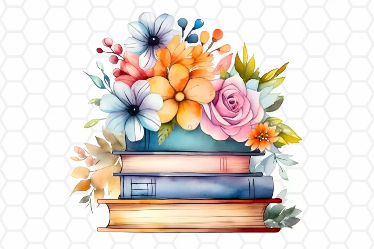 Floral Watercolor Books Clipart, Sublimation PNG