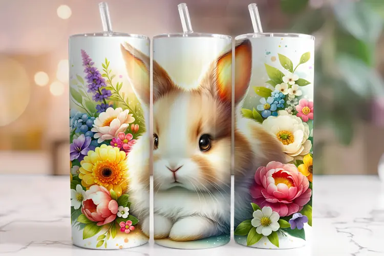 Easter Bunny Tumbler Wrap, Easter Floral Tumbler Wrap PNG