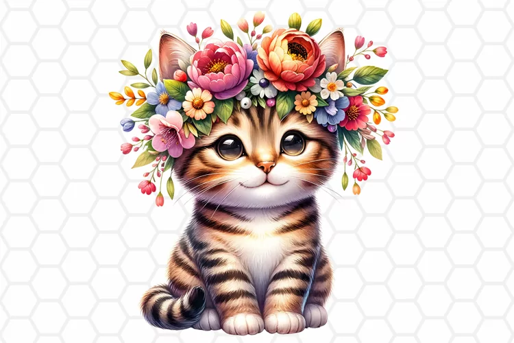 Floral Tabby Cat Clipart | Cute Cat PNG Design