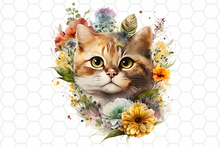 Floral Watercolor Cat Clipart, Cat Sublimation PNG