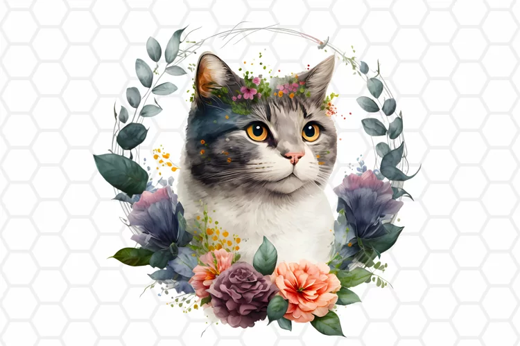 Floral Watercolor Cat Clipart, Cat Sublimation PNG