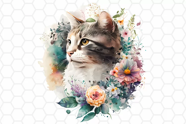 Floral Watercolor Cat Clipart, Cat Sublimation PNG