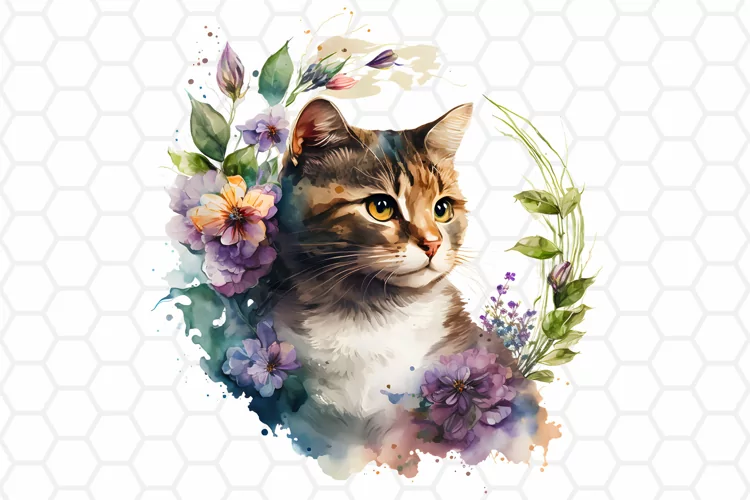 Floral Watercolor Cat Clipart, Cat Sublimation PNG