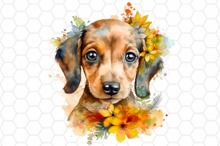 Floral Watercolor Dachshund Clipart, Sublimation PNG Design