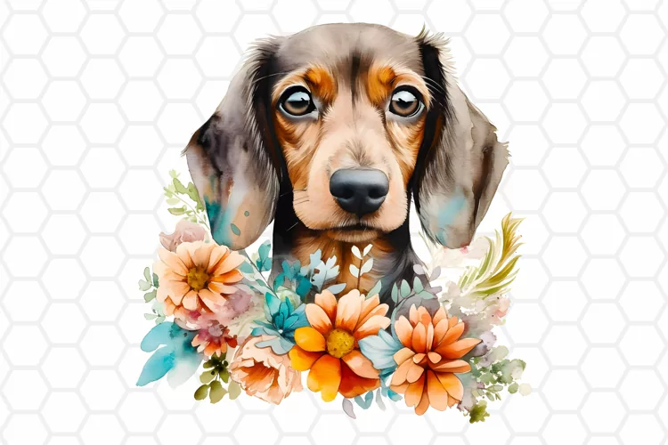 Floral Watercolor Dachshund Clipart, Sublimation PNG Design
