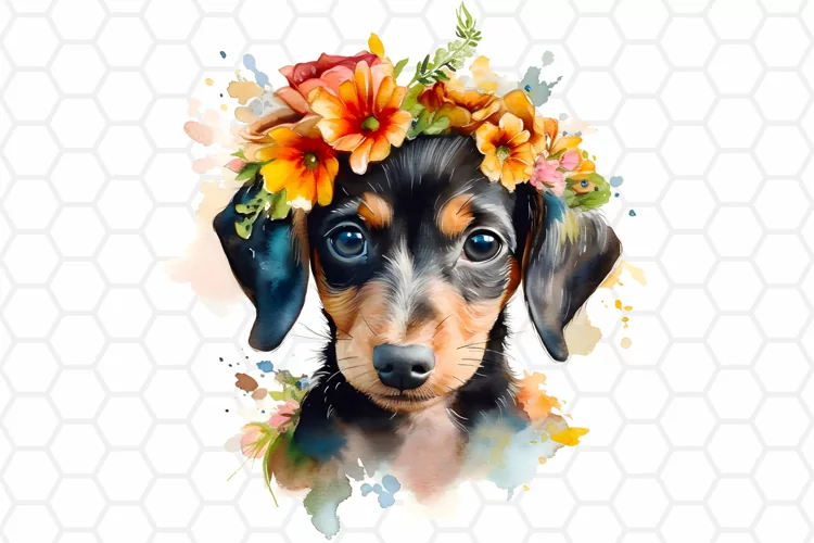 Floral Watercolor Dachshund Clipart, Sublimation PNG Design