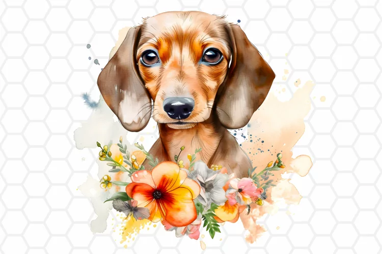 Floral Watercolor Dachshund Clipart, Sublimation PNG Design