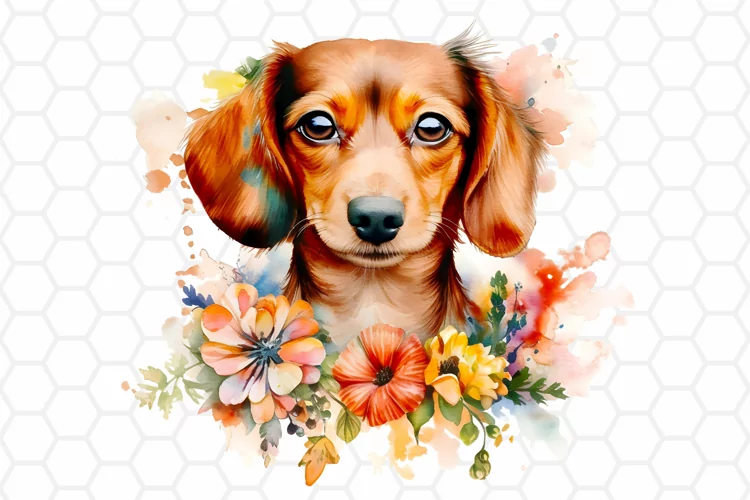 Floral Watercolor Dachshund Clipart, Sublimation PNG Design