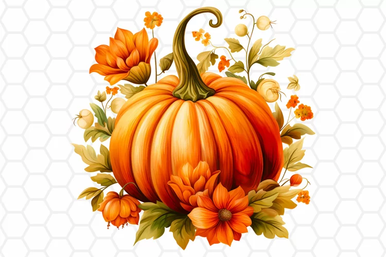 Floral Watercolor Fall Pumpkin Clipart, Sublimation PNG