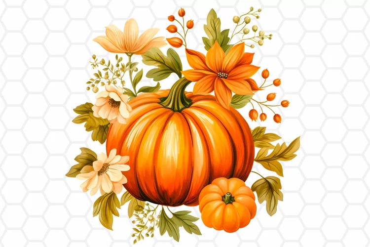 Floral Watercolor Fall Pumpkin Clipart, Sublimation PNG