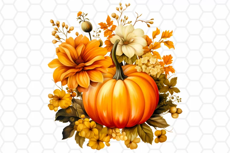 Floral Watercolor Fall Pumpkin Clipart, Sublimation PNG