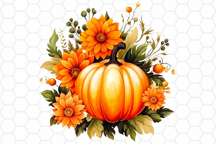 Floral Watercolor Fall Pumpkin Clipart, Sublimation PNG