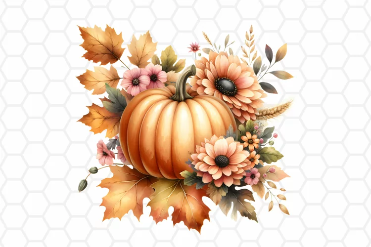 Floral Watercolor Fall Pumpkin Clipart, Sublimation PNG