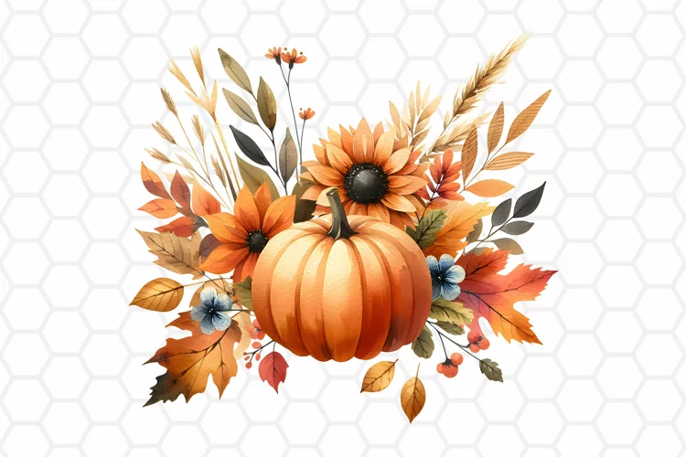 Floral Watercolor Fall Pumpkin Clipart, Sublimation PNG