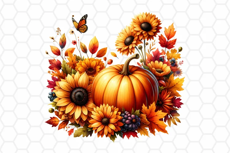 Floral Watercolor Fall Pumpkin Clipart, Sublimation PNG