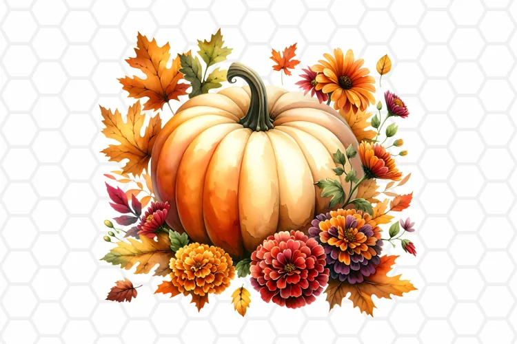 Floral Watercolor Fall Pumpkin Clipart, Sublimation PNG
