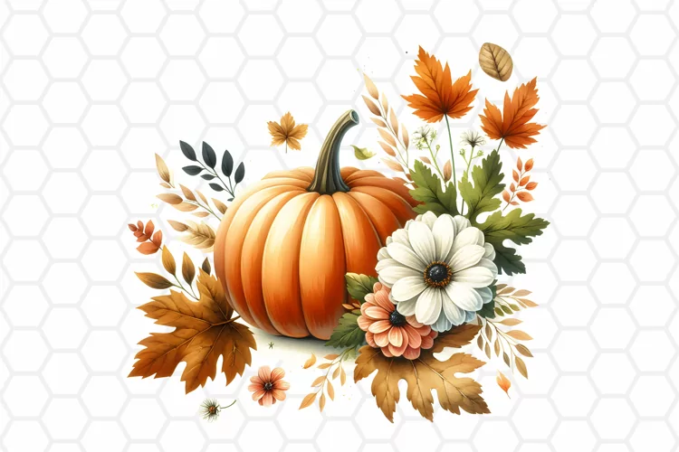 Floral Watercolor Fall Pumpkin Clipart, Sublimation PNG