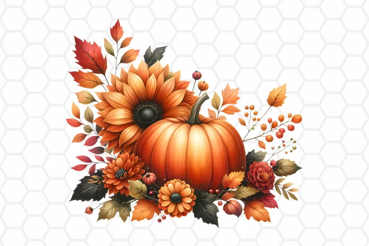 Floral Watercolor Fall Pumpkin Clipart, Sublimation PNG