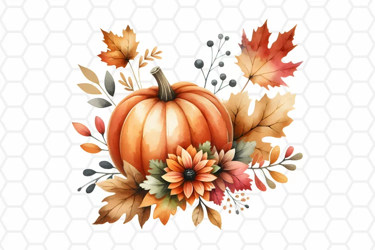 Floral Watercolor Fall Pumpkin Clipart, Sublimation PNG
