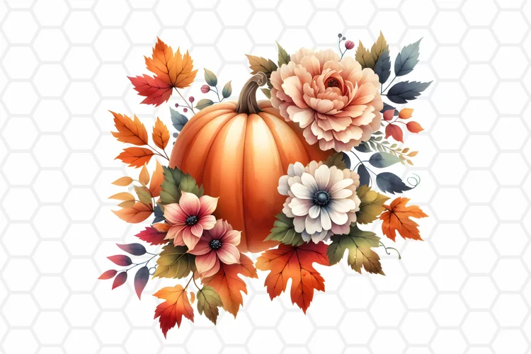 Floral Watercolor Fall Pumpkin Clipart, Sublimation PNG
