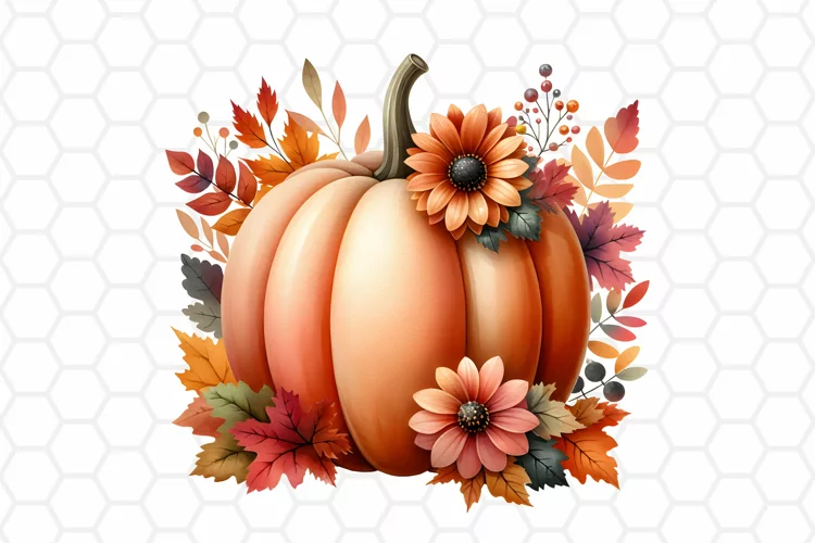 Floral Watercolor Fall Pumpkin Clipart, Sublimation PNG
