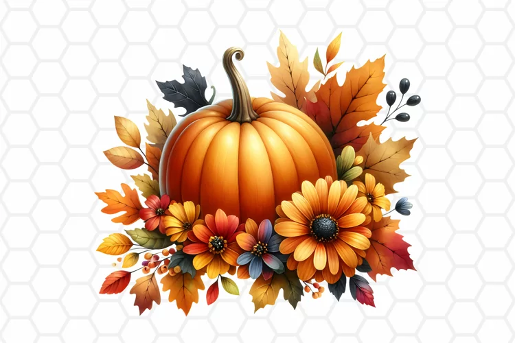 Floral Watercolor Fall Pumpkin Clipart, Sublimation PNG