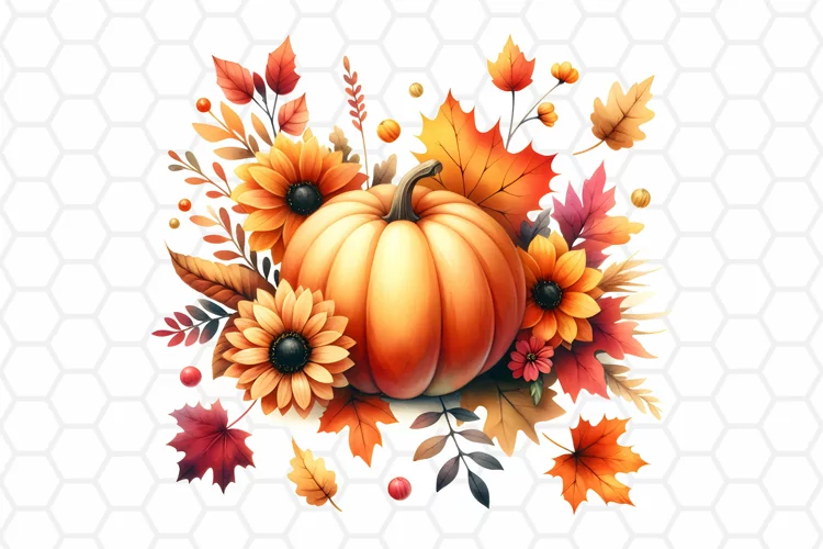 Floral Watercolor Fall Pumpkin Clipart, Sublimation PNG