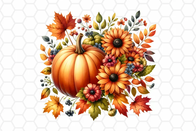 Floral Watercolor Fall Pumpkin Clipart, Sublimation PNG
