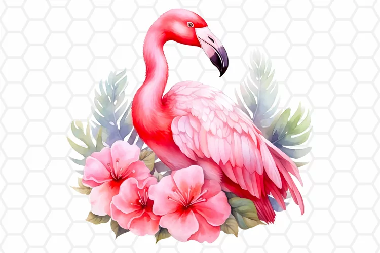 Floral Watercolor Flamingo Clipart, Sublimation PNG