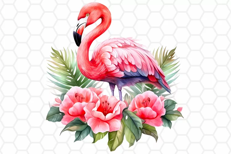 Floral Watercolor Flamingo Clipart, Sublimation PNG