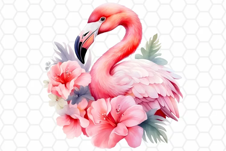 Floral Watercolor Flamingo Clipart, Sublimation PNG