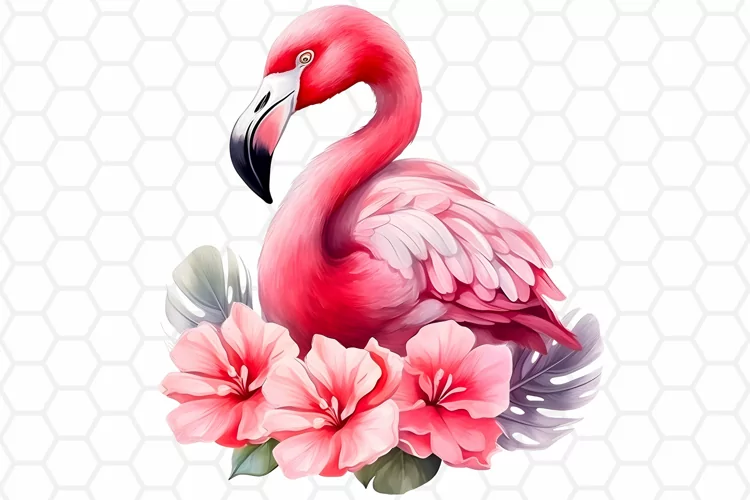 Floral Watercolor Flamingo Clipart, Sublimation PNG