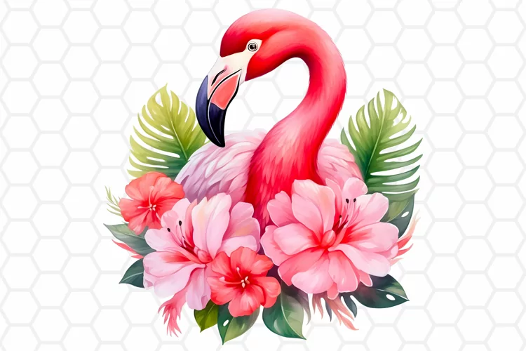 Floral Watercolor Flamingo Clipart, Sublimation PNG