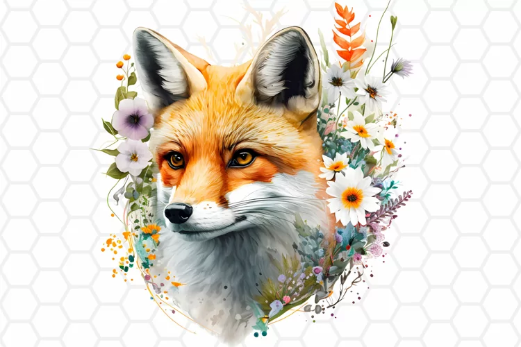 Floral Watercolor Fox Clipart, Sublimation PNG
