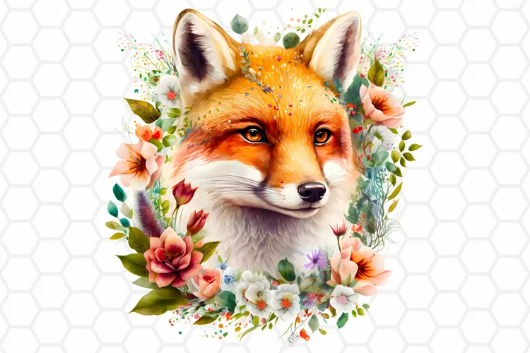 Floral Watercolor Fox Clipart, Sublimation PNG