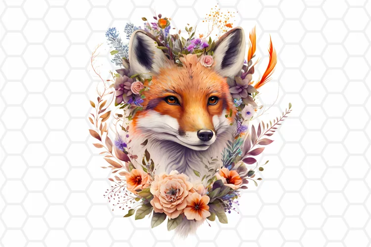 Floral Watercolor Fox Clipart, Sublimation PNG