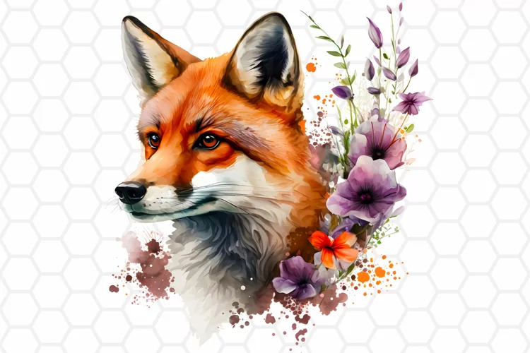 Floral Watercolor Fox Clipart, Sublimation PNG