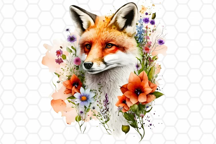 Floral Watercolor Fox Clipart, Sublimation PNG