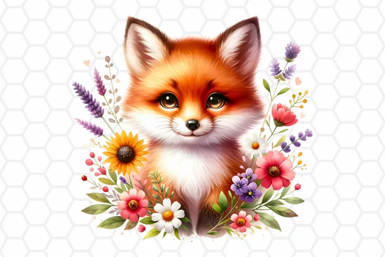 Floral Watercolor Fox Clipart, Sublimation PNG