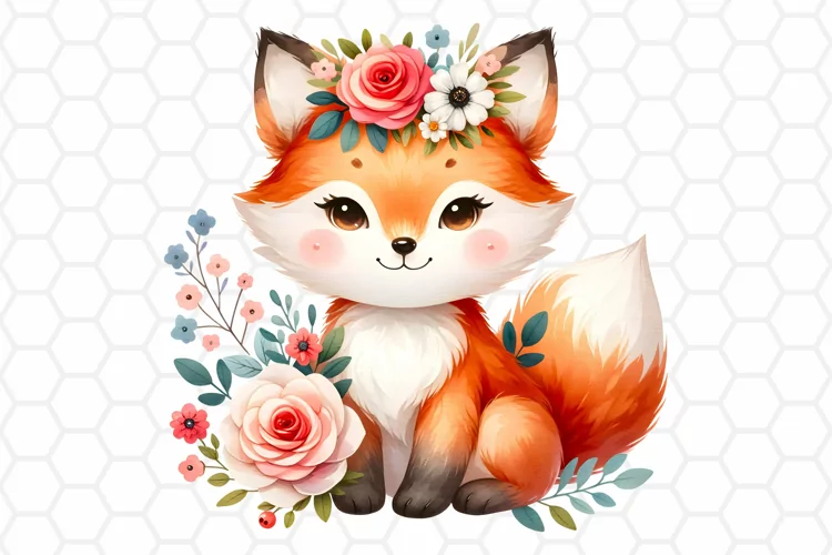 Floral Watercolor Fox Clipart, Sublimation PNG