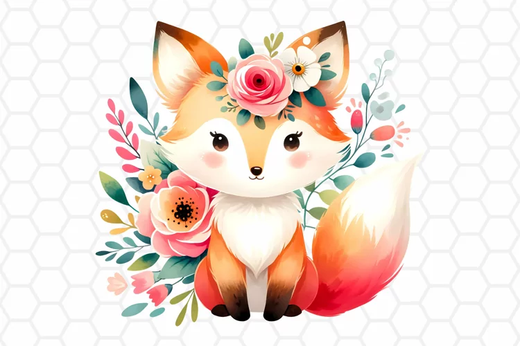 Floral Watercolor Fox Clipart, Sublimation PNG