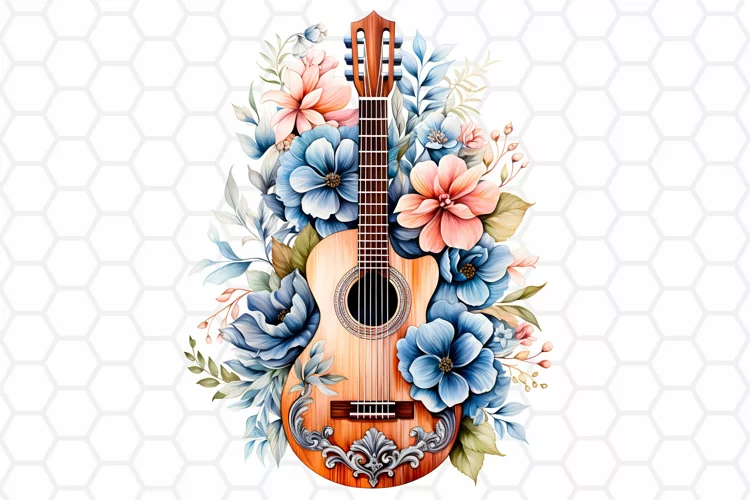 Floral Watercolor Guitar Clipart, Sublimation PNG