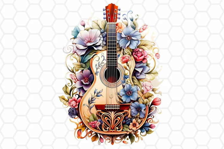 Floral Watercolor Guitar Clipart, Sublimation PNG