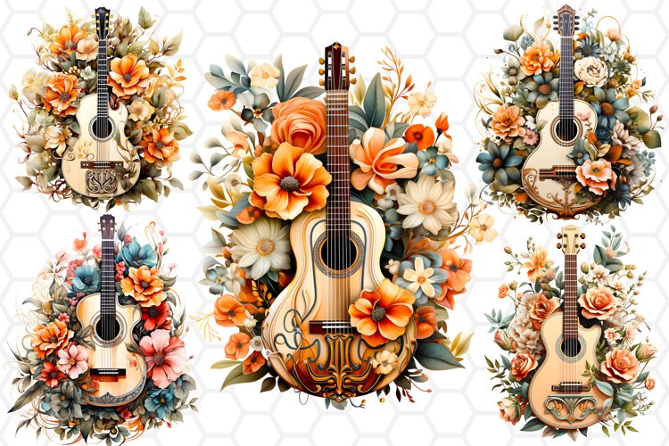 Floral Watercolor Guitar Cliparts