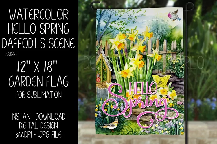 Spring Garden Flag Sublimation Design, Daffodil Scenery, d1