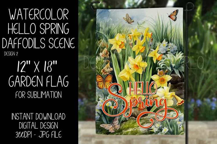 Spring Garden Flag Sublimation Design, Daffodil Scenery, d2